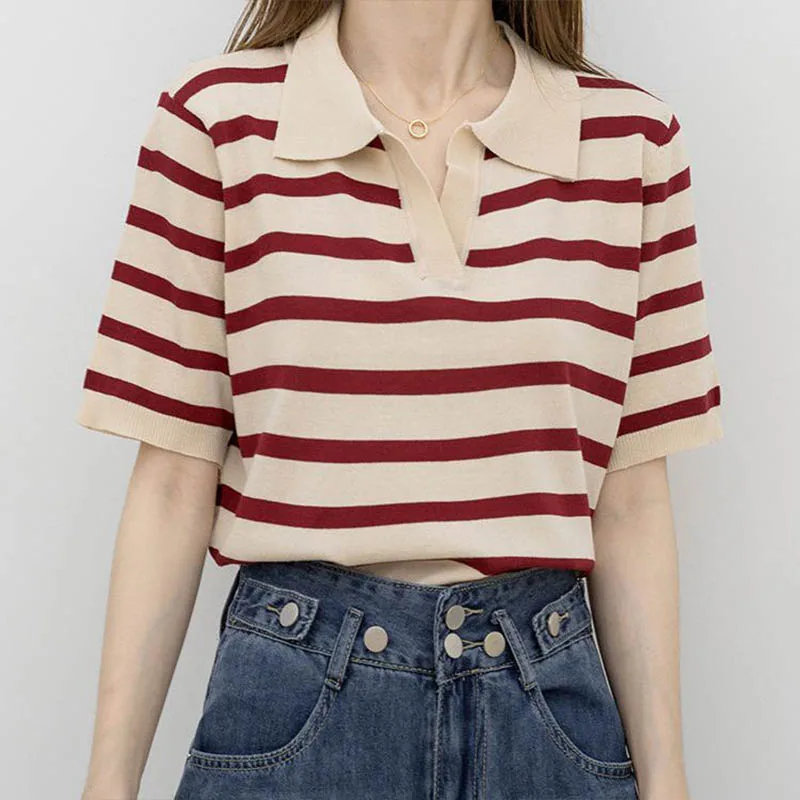 Women's Clothing Fashion All-match Turn-down Collar Short Sleeve T-shirt Summer Vintage Striped Knit Pullover Office Lady Tops
Women's Clothing Fashion All-match Turn-down Collar Short Sleeve T-shirt Summer Vintage Striped Knit Pullover Office Lady Tops