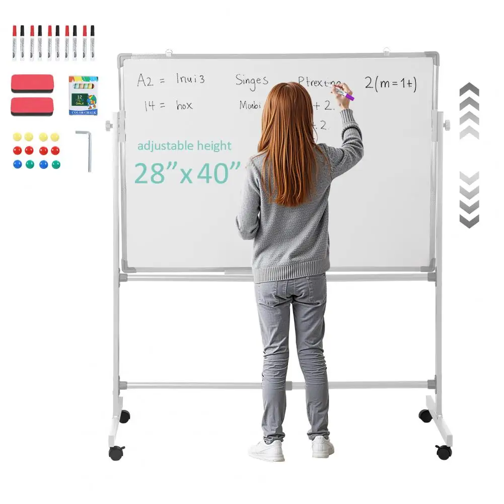 2-in-1 Reversible Whiteboard Chalkboard, 40x28 Inch Height Adjustable Rolling Mobile Easel on Wheels for Classroom Office Home
2-in-1 Reversible Whiteboard Chalkboard, 40x28 Inch Height Adjustable Rolling Mobile Easel on Wheels for Classroom Office Home