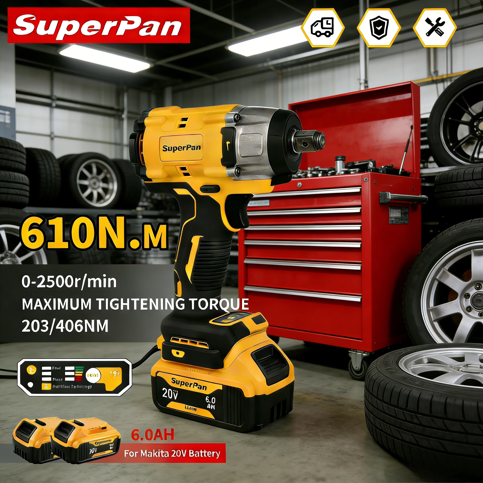 SuperPan Rechargeable Impact Wrench High Conversion Fast Charging Construction Site Work 1/2 Square Drive for Dewalt 20V Battery
SuperPan Rechargeable Impact Wrench High Conversion Fast Charging Construction Site Work 1/2 Square Drive for Dewalt 20V Battery