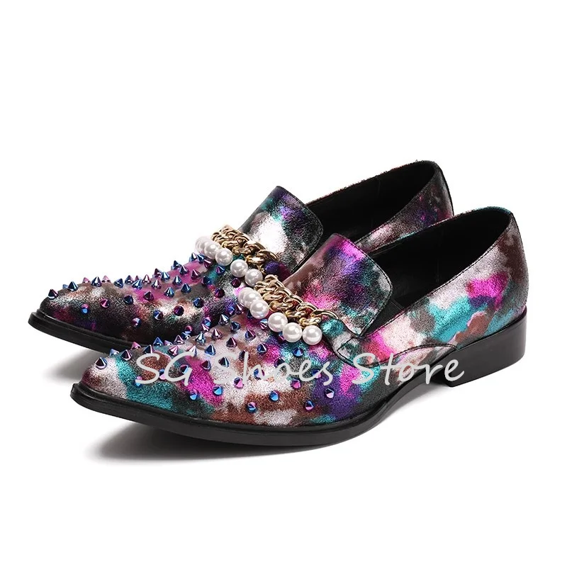 Luxury Pearl Chain Mixed Colors Loafers for Men Rivet Pointed Toe Shallow Dress Shoes Male Business Formal Leather Shoes
Luxury Pearl Chain Mixed Colors Loafers for Men Rivet Pointed Toe Shallow Dress Shoes Male Business Formal Leather Shoes