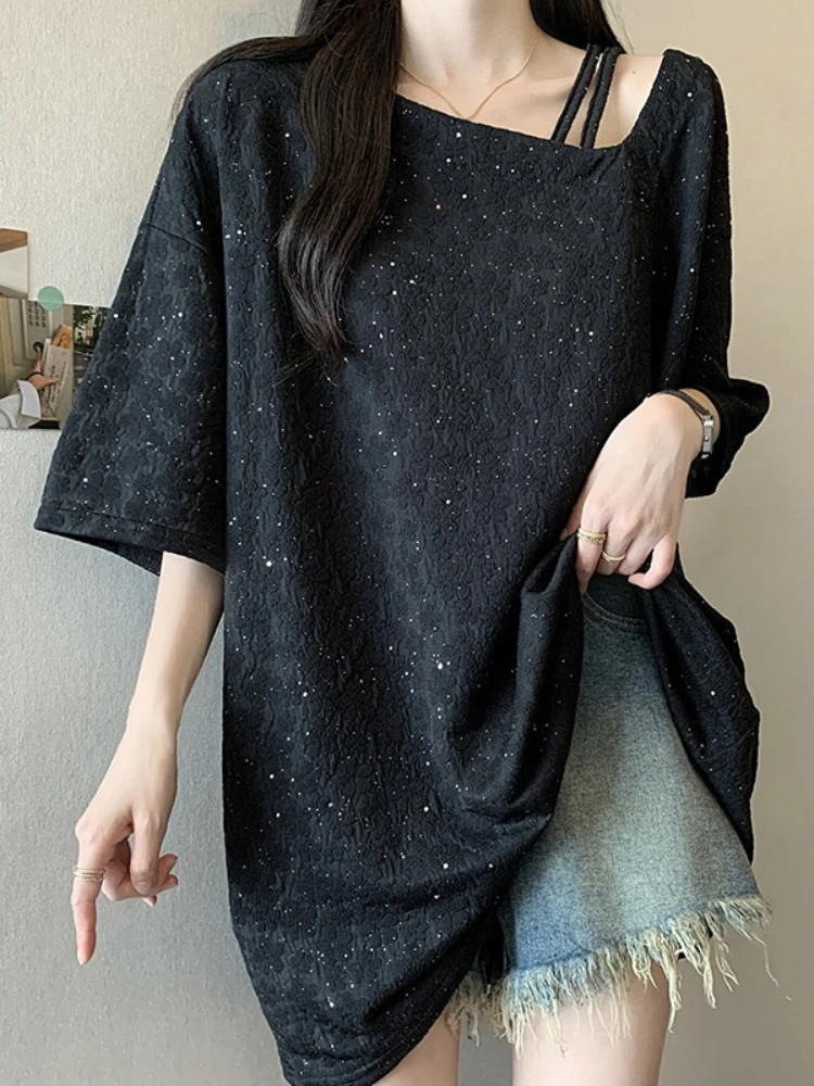 Shiny Short Sleeve T-Shirt Women Summer Fashion plus Size Conceal Butt Shoulder Exposure Mid-Length Base Shirt V-Neck C...
Shiny Short Sleeve T-Shirt Women Summer Fashion plus Size Conceal Butt Shoulder Exposure Mid-Length Base Shirt V-Neck C...