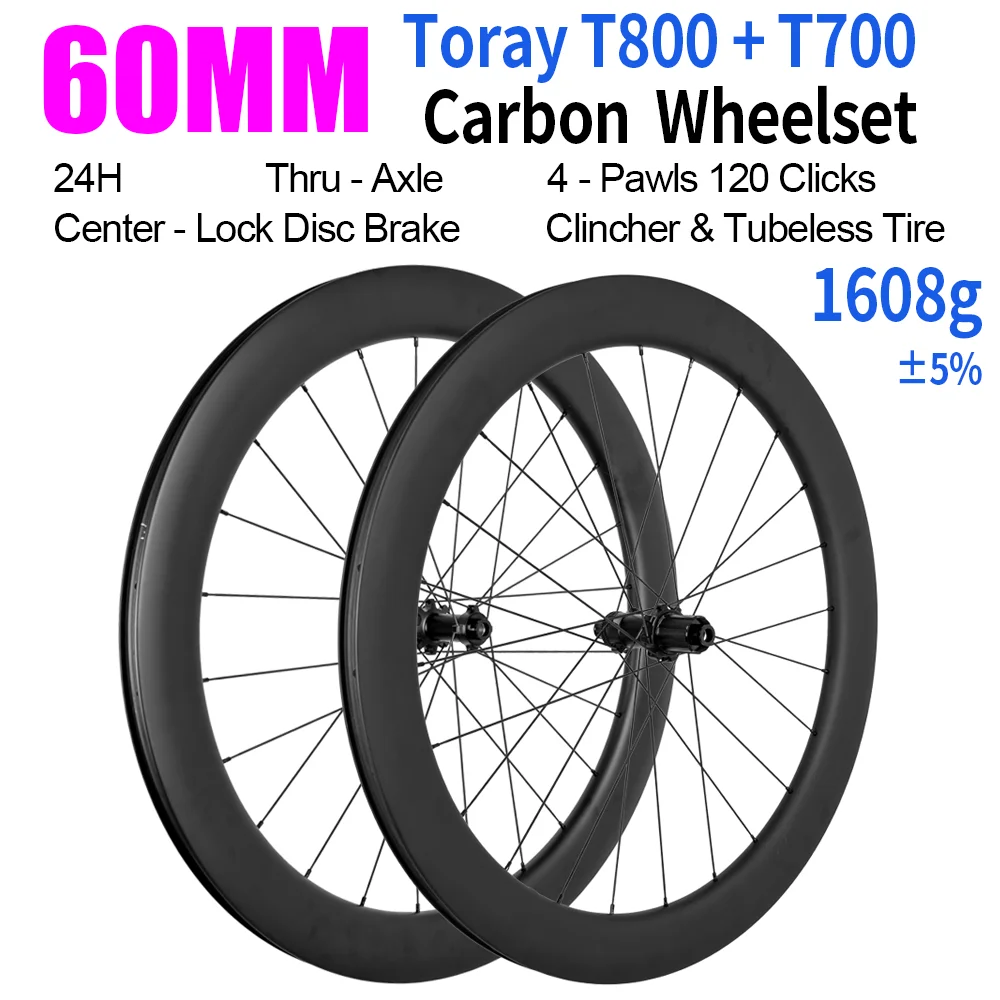 60MM 700C Carbon Road Bike Wheelset Ultra Light 1608g 24H Center-lock Disc Brake Tubeless Clincher Tire T700+T800 Carbon Wheels
60MM 700C Carbon Road Bike Wheelset Ultra Light 1608g 24H Center-lock Disc Brake Tubeless Clincher Tire T700+T800 Carbon Wheels