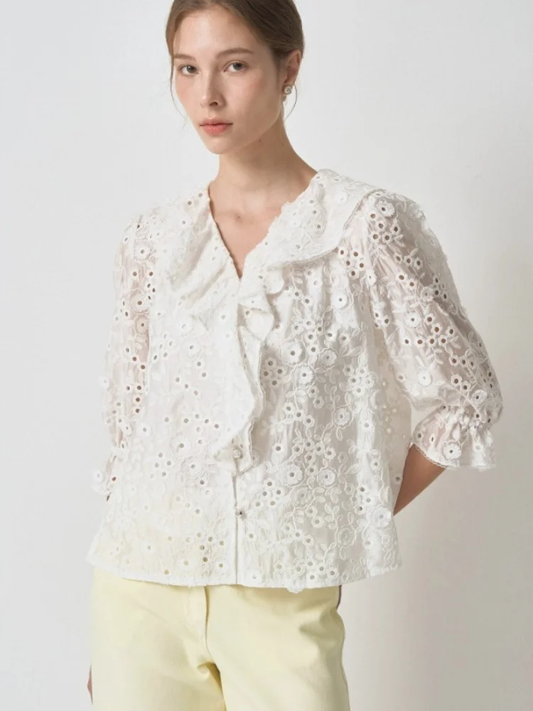 Elegant Korean Style Breathable Comfortable Cotton Shirt Embroidered Hollow out Lace Trim Blouse for Young Women Summer 2026
Elegant Korean Style Breathable Comfortable Cotton Shirt Embroidered Hollow out Lace Trim Blouse for Young Women Summer 2026