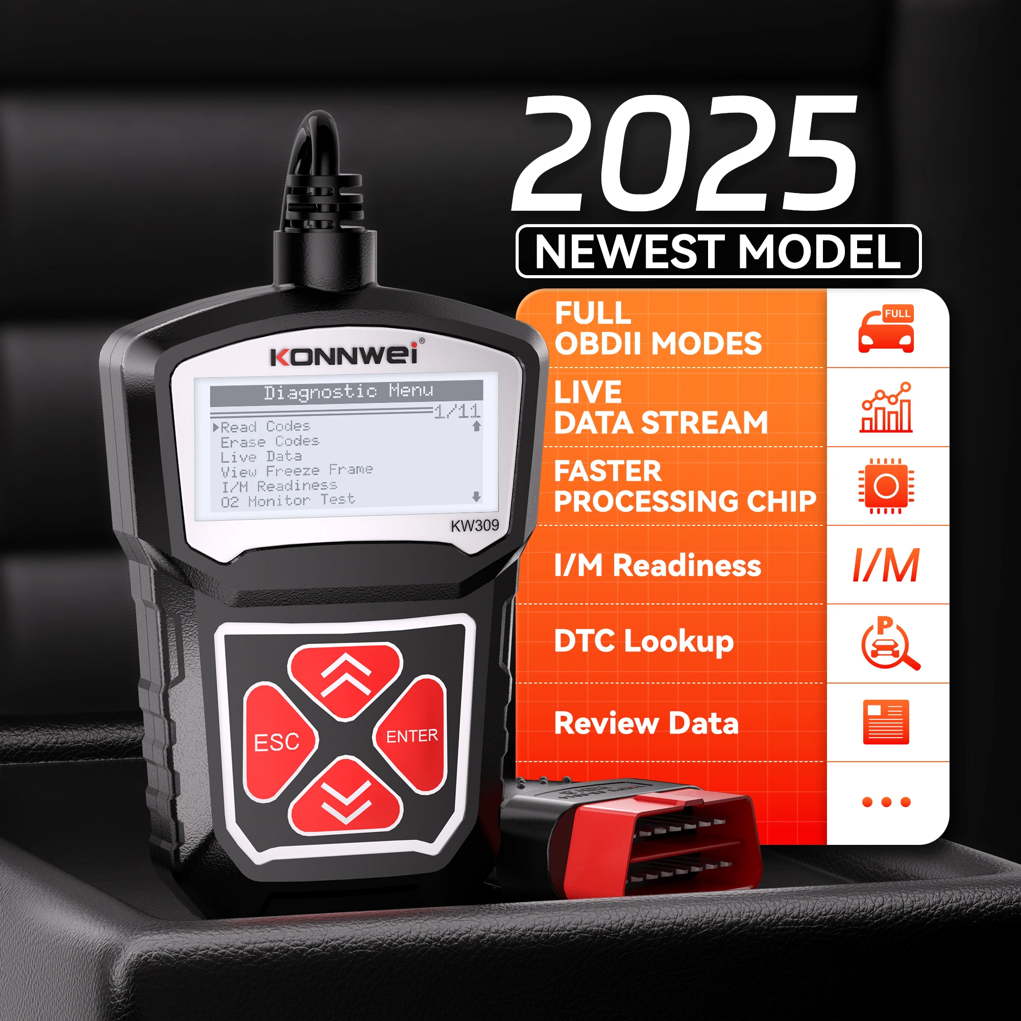 KONNWEI 12V Car OBD Fault Diagnostic Tool - Basic Model Code Reader O2 Sensor Monitoring Test I/M Readiness Car OBD2 Scan Tool