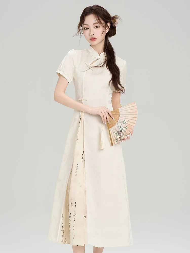 XiaoLai New Chinese Style Summer Improved Short Sleeve Patchwork Dress Women's Elegant Long Dress Apricot Color
XiaoLai New Chinese Style Summer Improved Short Sleeve Patchwork Dress Women's Elegant Long Dress Apricot Color