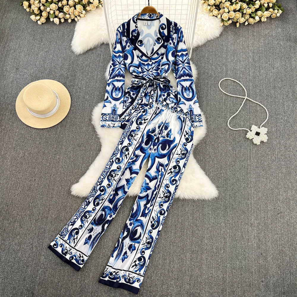Fashion Set Women's European and American Suit Collar Celadon Printed Waist Shirt+Casual High Waist Straight Leg Wide Leg Pants
Fashion Set Women's European and American Suit Collar Celadon Printed Waist Shirt+Casual High Waist Straight Leg Wide Leg Pants