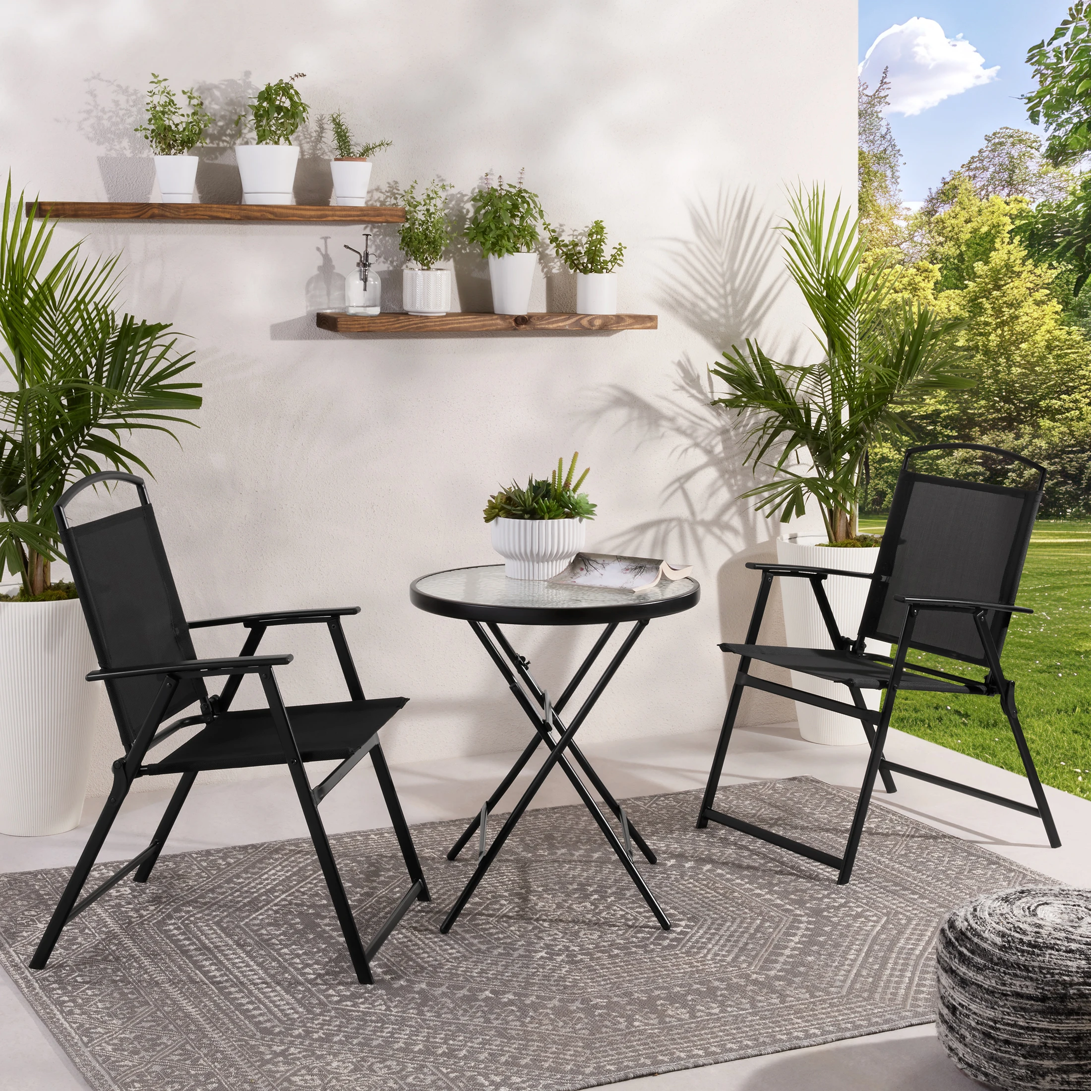 Albany Lane 3-Piece Outdoor Bistro Set, Folding Chairs & Glass Table, Black
Albany Lane 3-Piece Outdoor Bistro Set, Folding Chairs & Glass Table, Black