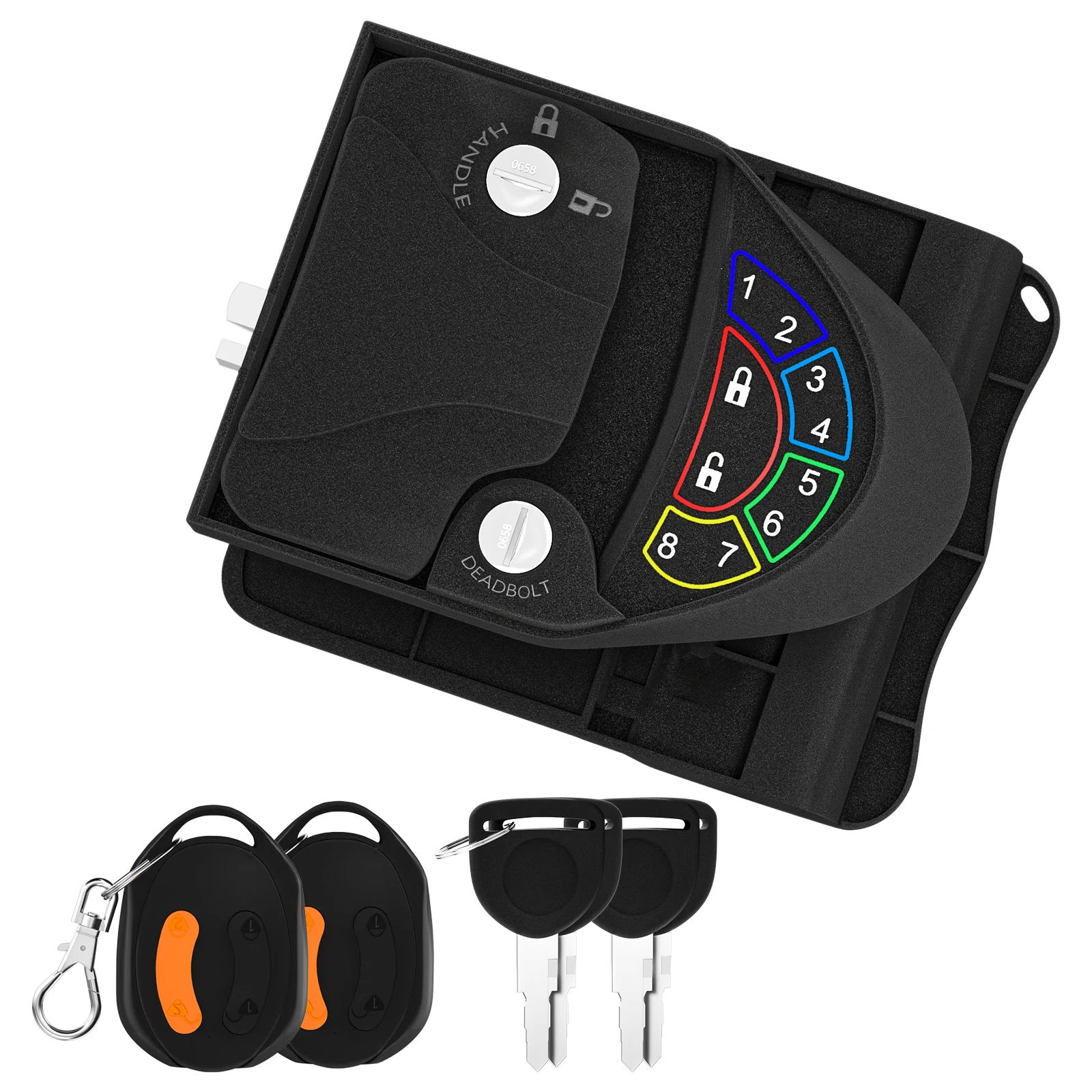 Металлические дверные замки для кемпера без ключа с 2-мя брелками и клавиатурой Blacklite с 2-мя ключами Дверной замок RV с засовком для дорожного прицепа
Металлические дверные замки для кемпера без ключа с 2-мя брелками и клавиатурой Blacklite с 2-мя ключами Дверной замок RV с засовком для дорожного прицепа