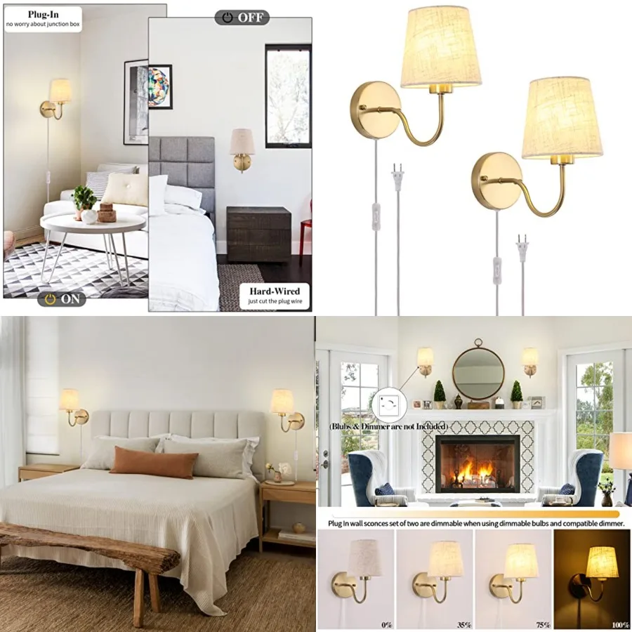 Plug in Wall Sconces Set of Two, Modern Wall Lamp with Plug in Cord 6.56ft and On/Off Switch with Fabric Lampshade, Gold Sconce
Plug in Wall Sconces Set of Two, Modern Wall Lamp with Plug in Cord 6.56ft and On/Off Switch with Fabric Lampshade, Gold Sconce
