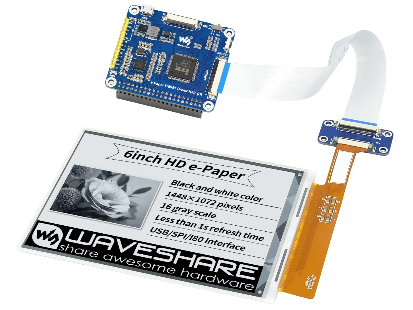 Waveshare 6inch E-Ink Display HAT For Raspberry Pi 1448×1072 High Definition Black/White 16 Gray Scale
Waveshare 6inch E-Ink Display HAT For Raspberry Pi 1448×1072 High Definition Black/White 16 Gray Scale