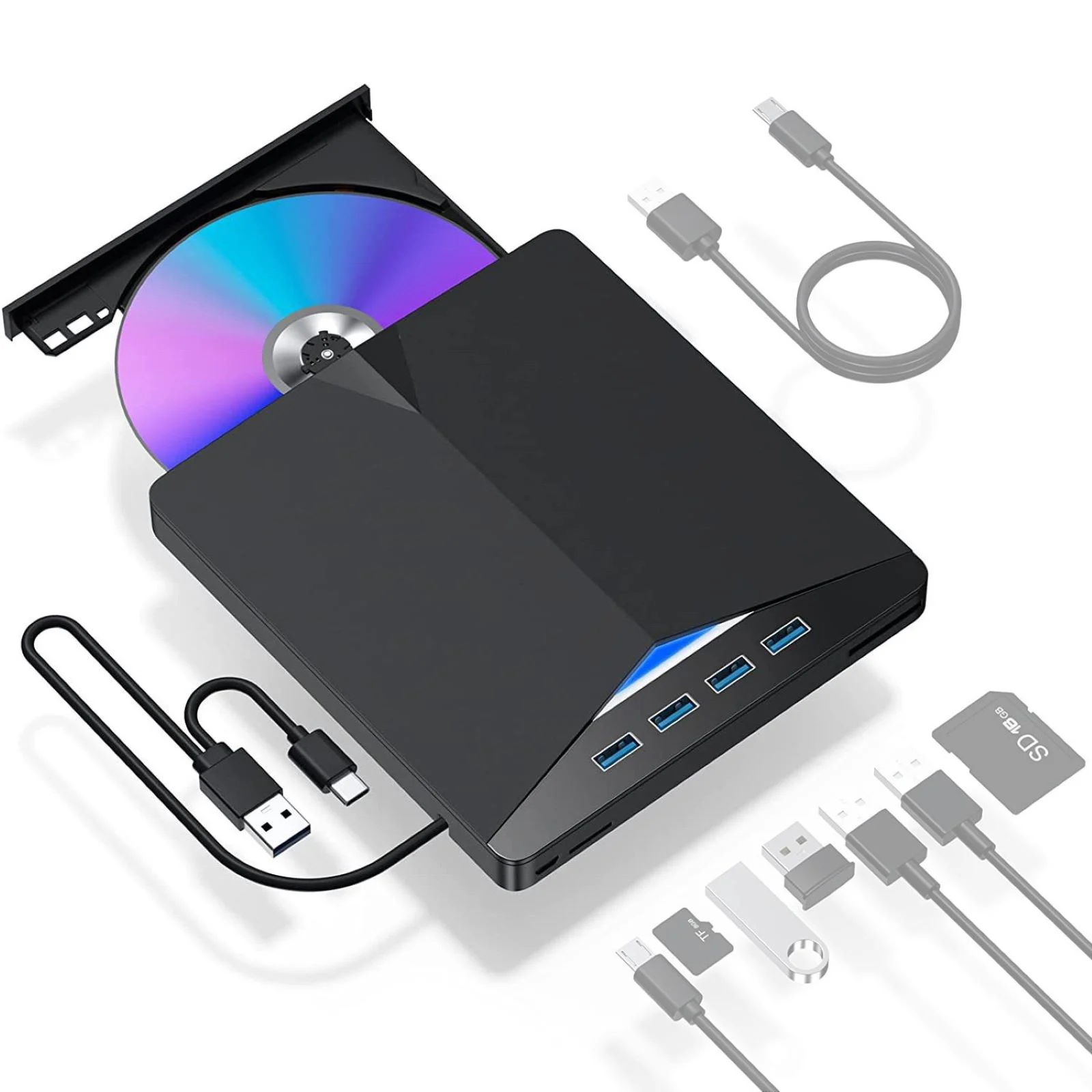 7-in-1 External DVD Drive with USB Hub CD/DVD Burner for Laptop PC, USB 3.0 High-Speed 5Gbps SD/TF Card Slot Windows Mac OS
7-in-1 External DVD Drive with USB Hub CD/DVD Burner for Laptop PC, USB 3.0 High-Speed 5Gbps SD/TF Card Slot Windows Mac OS
