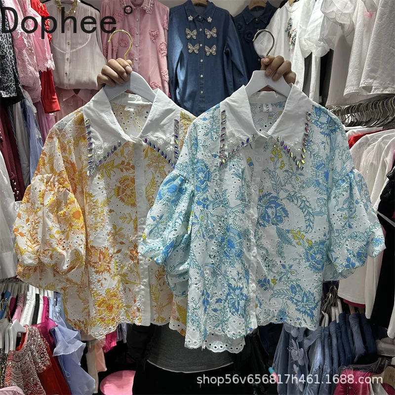 Diamonds Turn-down Collar Short Cardigans Top 2025 New Summer Embroidery Puff Sleeve Elegant Single-breasted Women Casual Shirts
Diamonds Turn-down Collar Short Cardigans Top 2025 New Summer Embroidery Puff Sleeve Elegant Single-breasted Women Casual Shirts