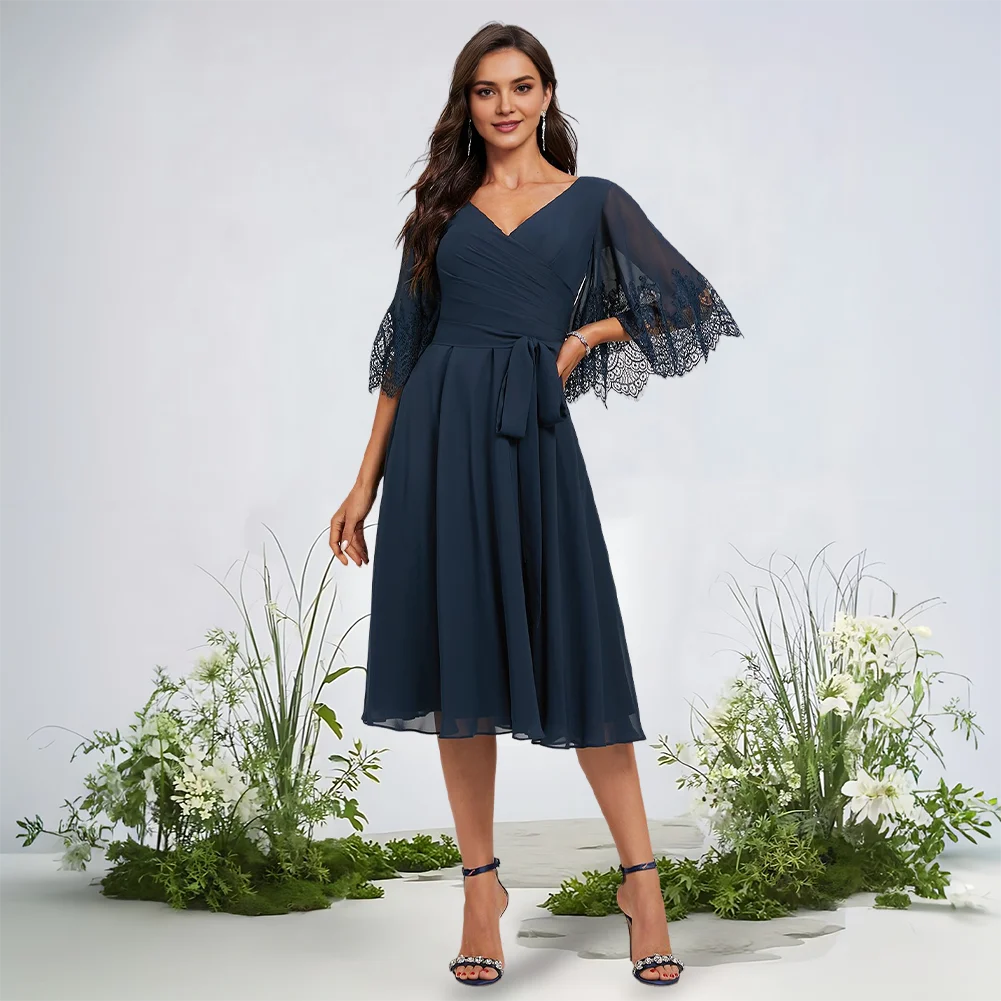 Sapphire Blue Cocktail Dresses 2025 V-Neck A-Line Lace Chiffon Prom Graduation Evening Dress With Pleated Belt Sash Half Sleeves
Sapphire Blue Cocktail Dresses 2025 V-Neck A-Line Lace Chiffon Prom Graduation Evening Dress With Pleated Belt Sash Half Sleeves