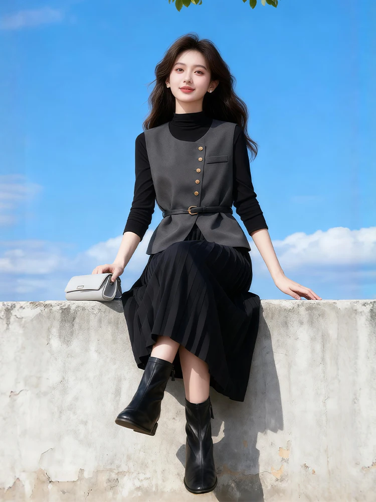 New Stylish Commuter Style Black Long Sleeve Pleated Dress And Vest Women's Fashion Set Elegant Business Casual Outfit
New Stylish Commuter Style Black Long Sleeve Pleated Dress And Vest Women's Fashion Set Elegant Business Casual Outfit