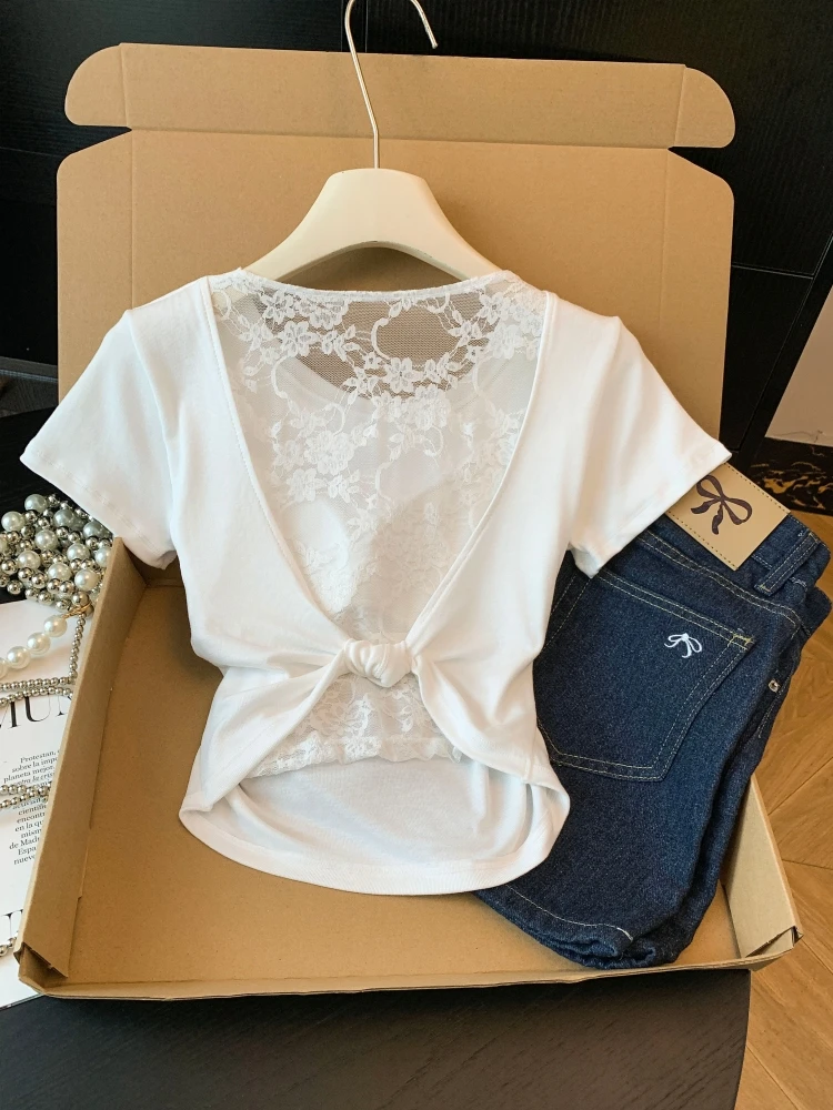 Sexy Lace Splice Backless Short Sleeve T-Shirt Women's Summer New Pure Desire Spicy Girl Slim Fit Top Self-Reserve Style
Sexy Lace Splice Backless Short Sleeve T-Shirt Women's Summer New Pure Desire Spicy Girl Slim Fit Top Self-Reserve Style