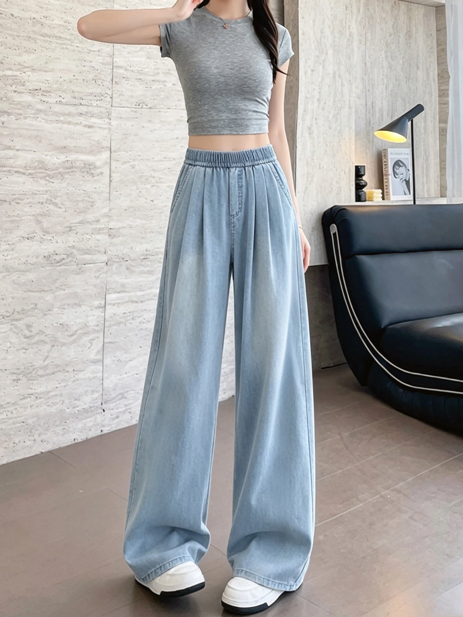 Retro Blue Silk Denim Wide Leg Pants Women Summer Small Size Loose Slim Straight Thin Floor-Length Trousers
Retro Blue Silk Denim Wide Leg Pants Women Summer Small Size Loose Slim Straight Thin Floor-Length Trousers