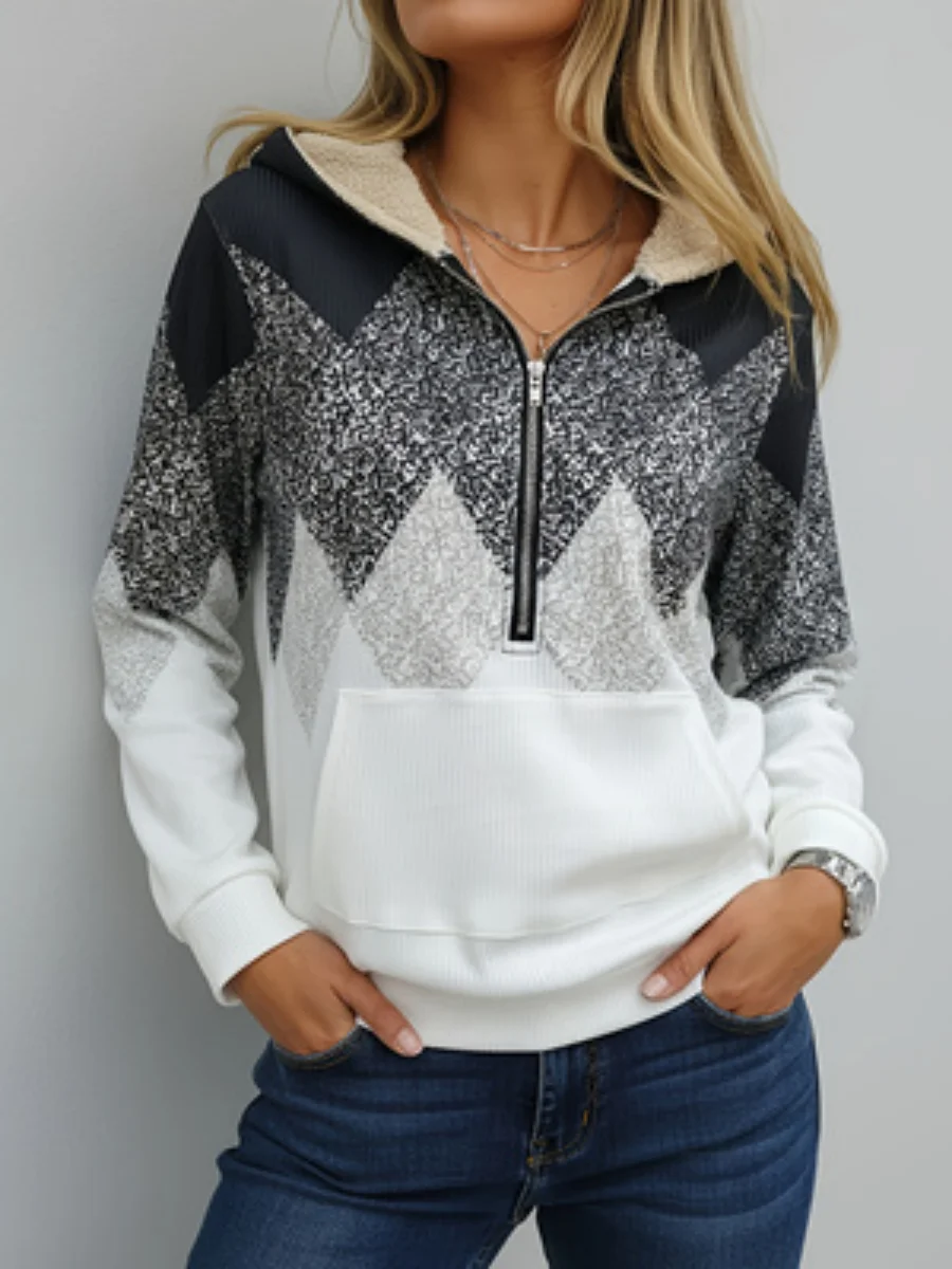 Ladies Spring and Autumn Printed Hooded Half Zipper Thin Sweater
Ladies Spring and Autumn Printed Hooded Half Zipper Thin Sweater