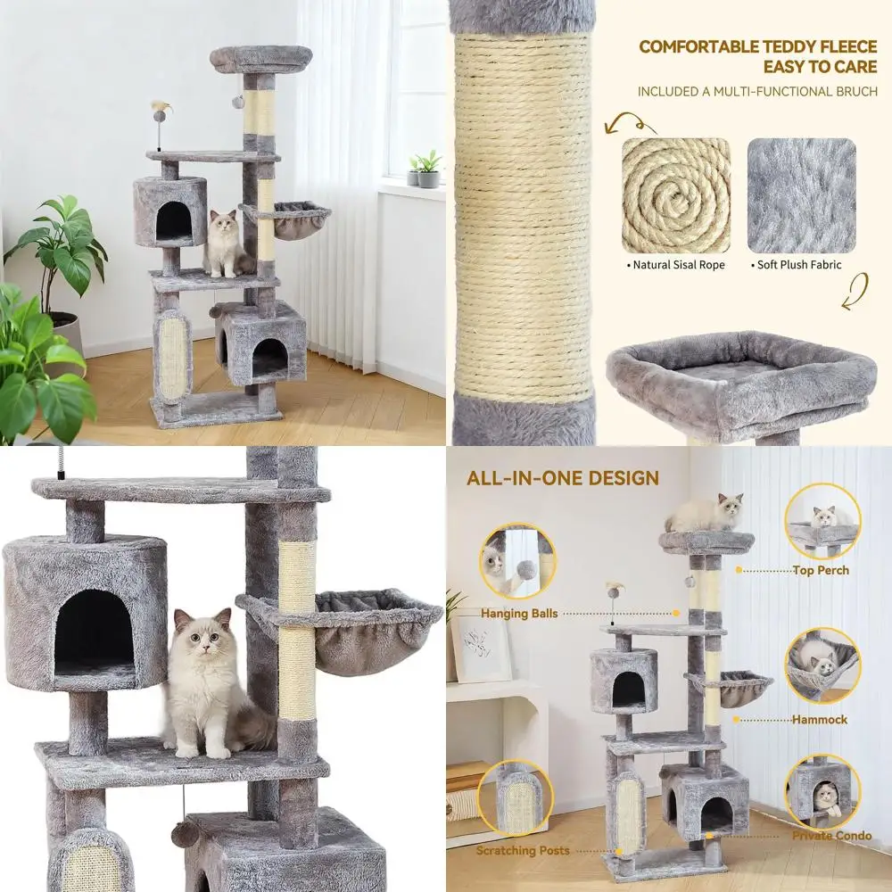 70 Multi-Cat Tree with 2 Condos, Scratching Posts, Hammock & Platforms for Indoor Play and Relaxation - Grey
70 Multi-Cat Tree with 2 Condos, Scratching Posts, Hammock & Platforms for Indoor Play and Relaxation - Grey