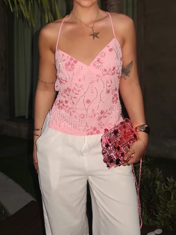 Hot Girl's New Fashion Printed Studded Sequin Versatile Women's Top Summer Sexy Backless Temperament Slim Tie-up Suspender Vest
Hot Girl's New Fashion Printed Studded Sequin Versatile Women's Top Summer Sexy Backless Temperament Slim Tie-up Suspender Vest