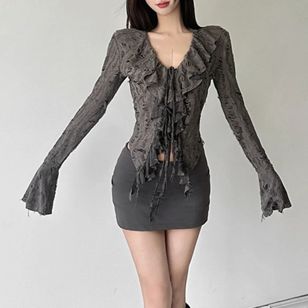 Gothic Aesthetic Women's Casual Blouse with Elegant Details Flared Sleeves V Neckline and Stylishly Torn Accents
Gothic Aesthetic Women's Casual Blouse with Elegant Details Flared Sleeves V Neckline and Stylishly Torn Accents