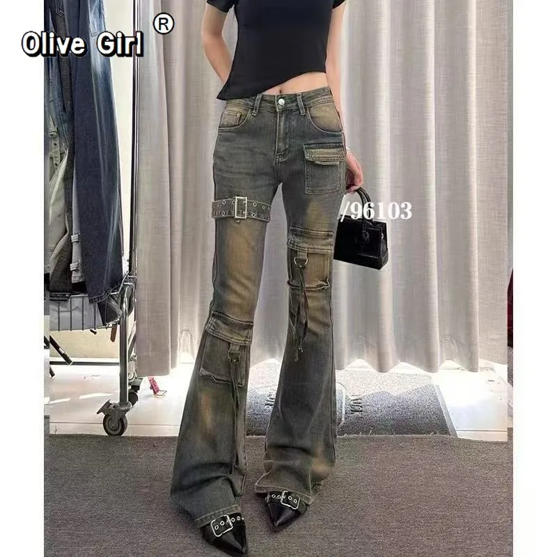 Olivegirl Denim Jeans Women Low Waist Cargo Flare Jeans Y2k Vintage Pants Distressed Belted Pants Bell Bottoms Korea Streetwear
Olivegirl Denim Jeans Women Low Waist Cargo Flare Jeans Y2k Vintage Pants Distressed Belted Pants Bell Bottoms Korea Streetwear