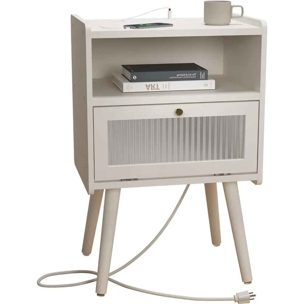 Mid Century Modern Nightstand with Charging Station, Bedside Tables with Glass Decorative Door
Mid Century Modern Nightstand with Charging Station, Bedside Tables with Glass Decorative Door