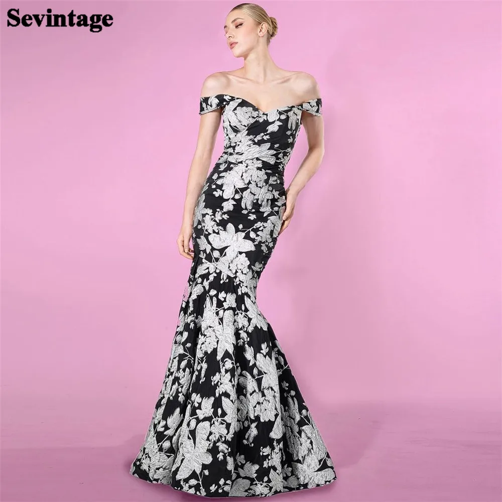 Sevintage Fashion Floral Black White Prom Dress V-Neck Off The Shoulder Formal Evening Dress Ruched Floor Length Party Gowns
Sevintage Fashion Floral Black White Prom Dress V-Neck Off The Shoulder Formal Evening Dress Ruched Floor Length Party Gowns