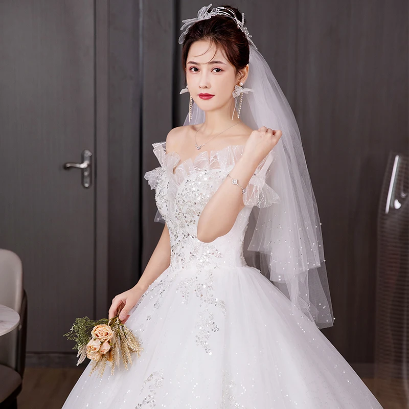 Ball Gown Wedding Dr One oulder Floor Length out Door Bride Gown plus Size Korean Sle Net Fabric with Sequins 
Ball Gown Wedding Dr One oulder Floor Length out Door Bride Gown plus Size Korean Sle Net Fabric with Sequins