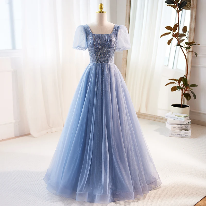 Evening Dress Beads Square Collar Elegant Lace Up Floor-Length Blue Short Sleeves A-Line Tulle Party Formal Dresses Woman B2834
Evening Dress Beads Square Collar Elegant Lace Up Floor-Length Blue Short Sleeves A-Line Tulle Party Formal Dresses Woman B2834