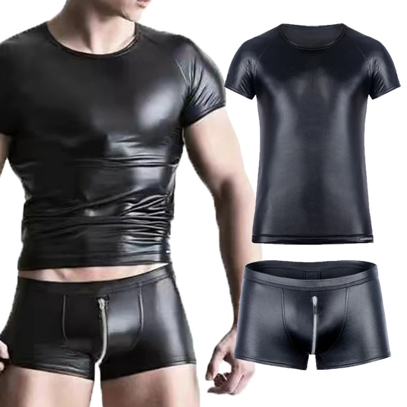 Костюм мужской из искусственной кожи, пикантная футболка с коротким рукавом, топ, Фетиш-одежда для геев, Клубная одежда, костюм, вечерняя одежда, шорты 
Костюм мужской из искусственной кожи, пикантная футболка с коротким рукавом, топ, Фетиш-одежда для геев, Клубная одежда, костюм, вечерняя одежда, шорты