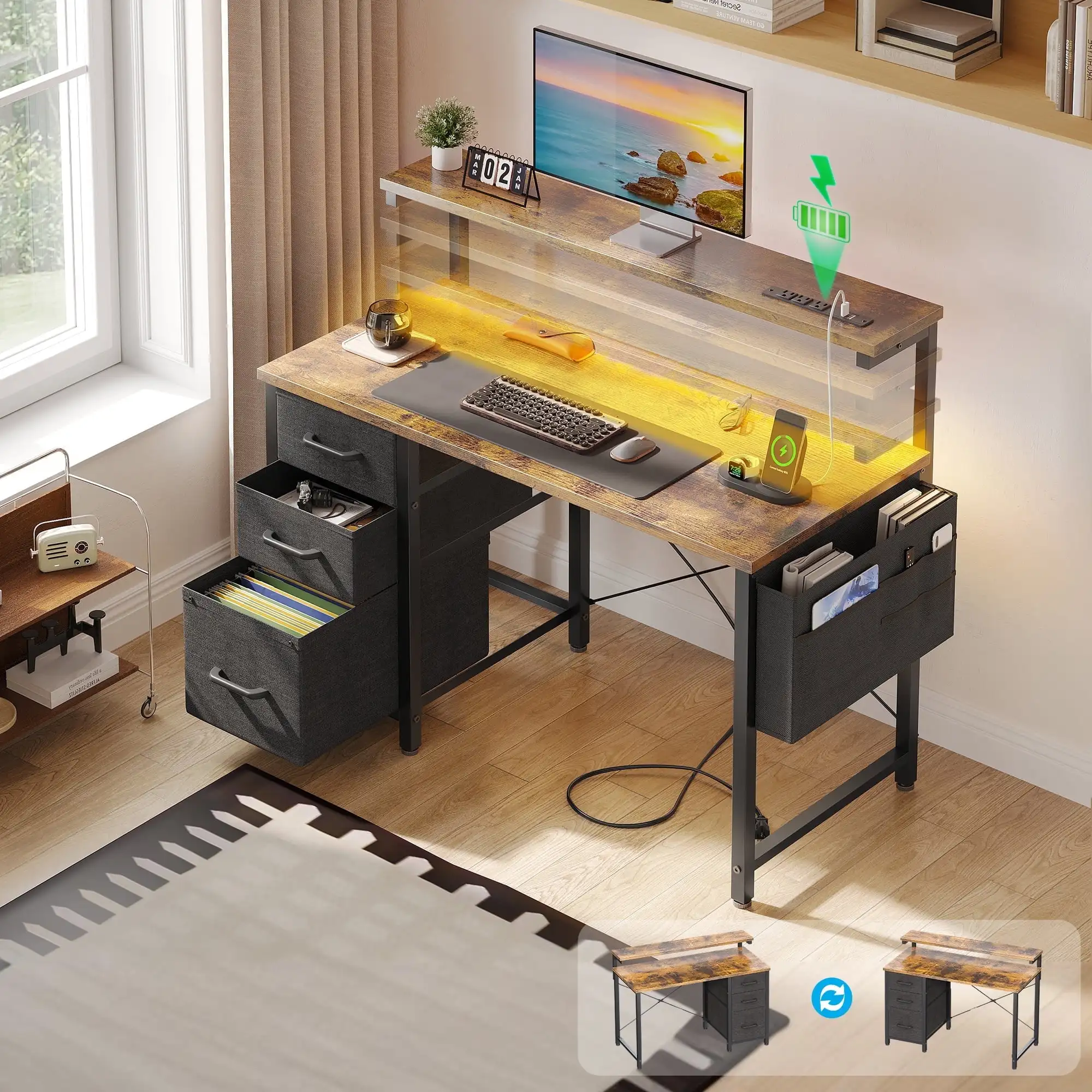 40 inch Computer Desk with Power Outlets & LED Lights, Home Office Desk with 3 Drawers & Adjustable Monitor Shelf,,
40 inch Computer Desk with Power Outlets & LED Lights, Home Office Desk with 3 Drawers & Adjustable Monitor Shelf,,