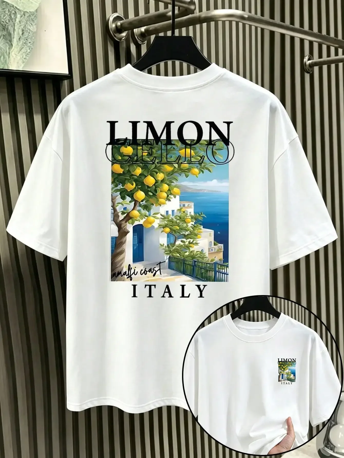 Casual And Stylish Plus-Size Italian Lemon And Lime T-Shirt For Men | Lemon Tree And Amalfi Coast Print, Italian Lettering
Casual And Stylish Plus-Size Italian Lemon And Lime T-Shirt For Men | Lemon Tree And Amalfi Coast Print, Italian Lettering