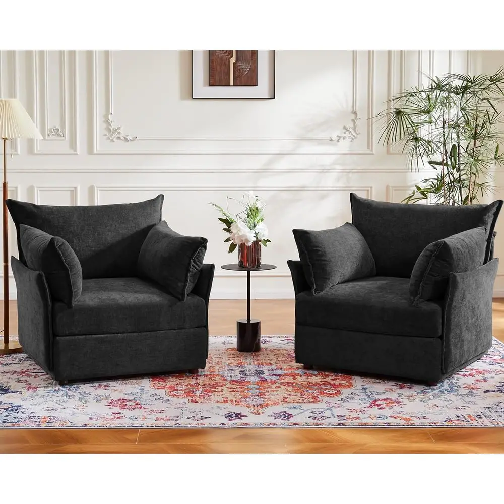 Пара больших стульев из синели черного цвета со съемными спинками и моющимися чехлами для гостиных
Пара больших стульев из синели черного цвета со съемными спинками и моющимися чехлами для гостиных