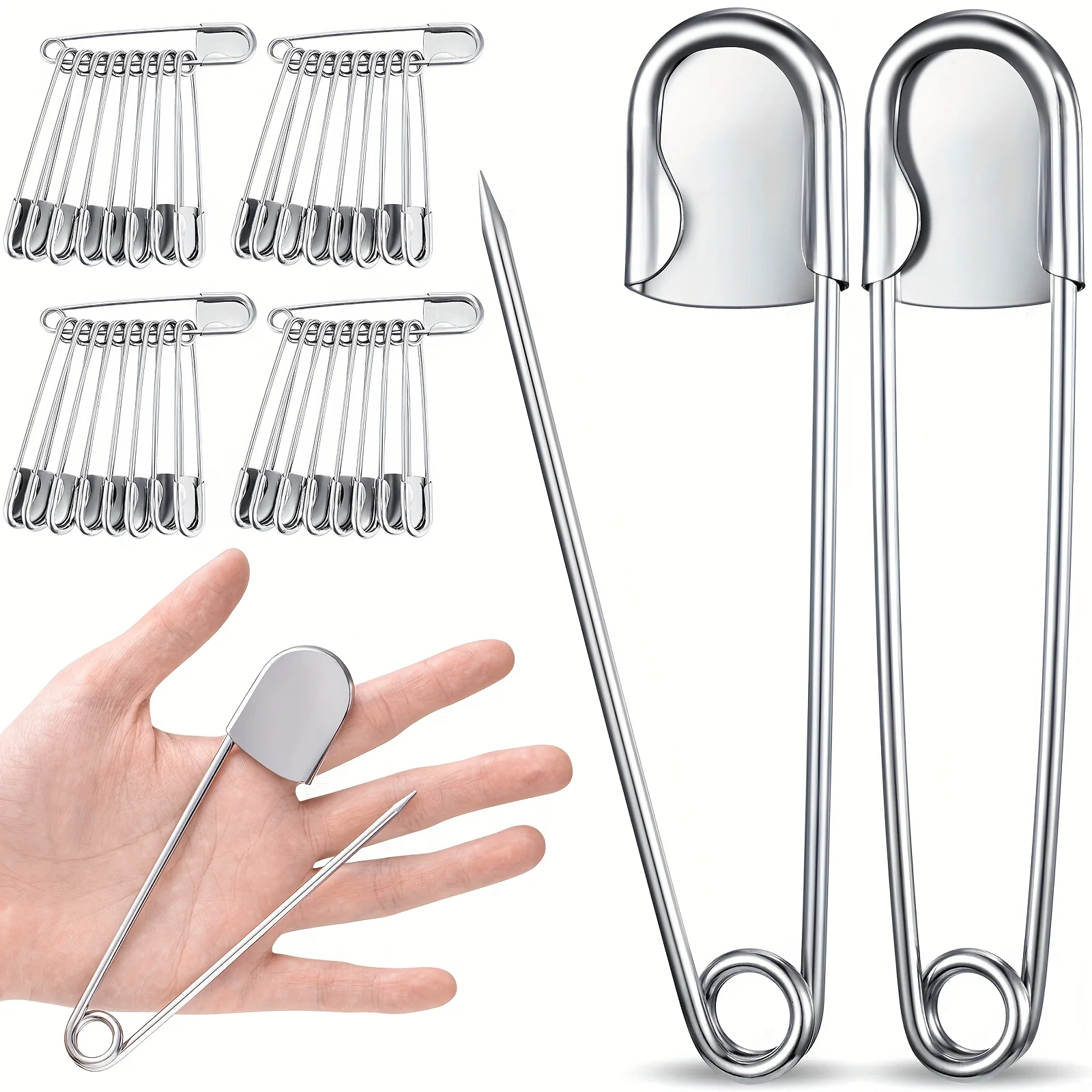 Set of 40 Large 5-Inch Stainless Steel Safety Pins, Designed for Heavy-Duty Use in Laundry, Upholstery, Sewing, Quilting, Key Rings, And Outdoor Crafts (Silvery Color)
Set of 40 Large 5-Inch Stainless Steel Safety Pins, Designed for Heavy-Duty Use in Laundry, Upholstery, Sewing, Quilting, Key Rings, And Outdoor Crafts (Silvery Color)