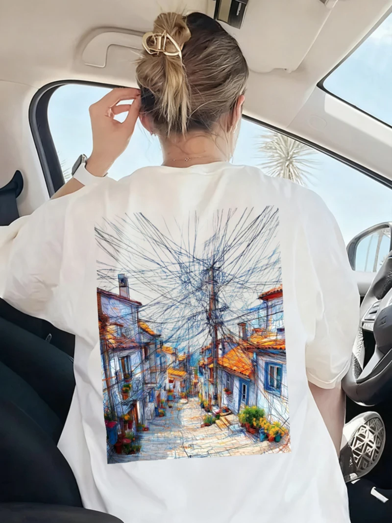 Женская футболка с принтом, свободная футболка с короткими рукавами, белая футболка с видом на улицу, картина маслом, повседневная уличная одежда
Женская футболка с принтом, свободная футболка с короткими рукавами, белая футболка с видом на улицу, картина маслом, повседневная уличная одежда