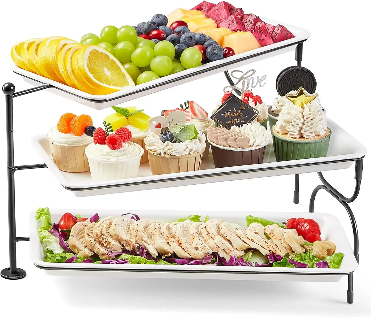 3-Tier Rotatable Serving Tray, 14" x 6.5" White Plastic Food Platter with Collapsible Metal Stand for Party Desserts
3-Tier Rotatable Serving Tray, 14" x 6.5" White Plastic Food Platter with Collapsible Metal Stand for Party Desserts