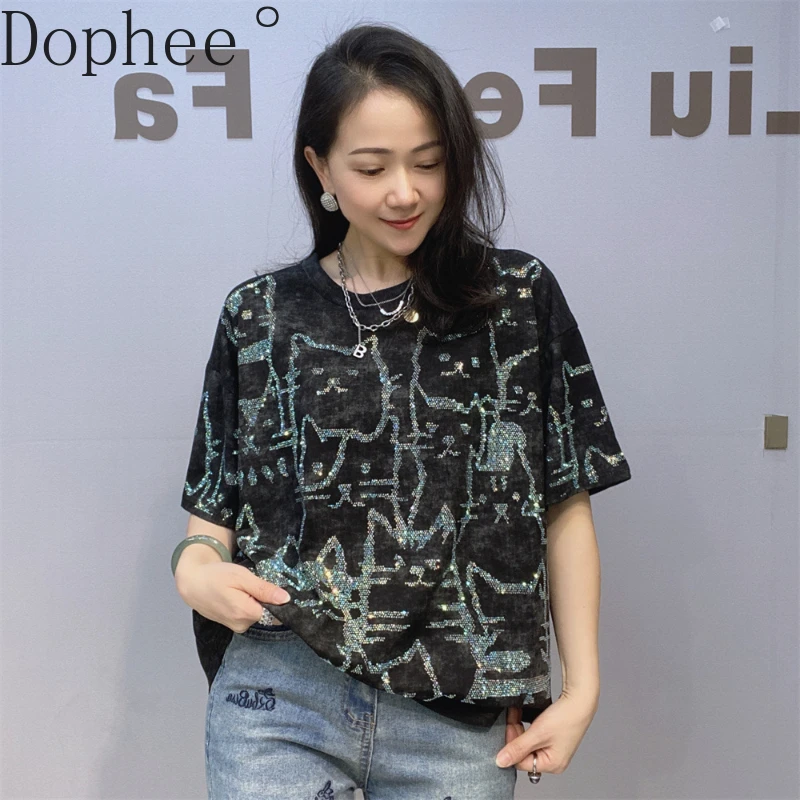 Blingbling Sparkling Hot Drilling Short Sleeve T-shirt 2025 New Spring Summer Loose Pullover Top Crew Neck Casual Cotton Tees
Blingbling Sparkling Hot Drilling Short Sleeve T-shirt 2025 New Spring Summer Loose Pullover Top Crew Neck Casual Cotton Tees