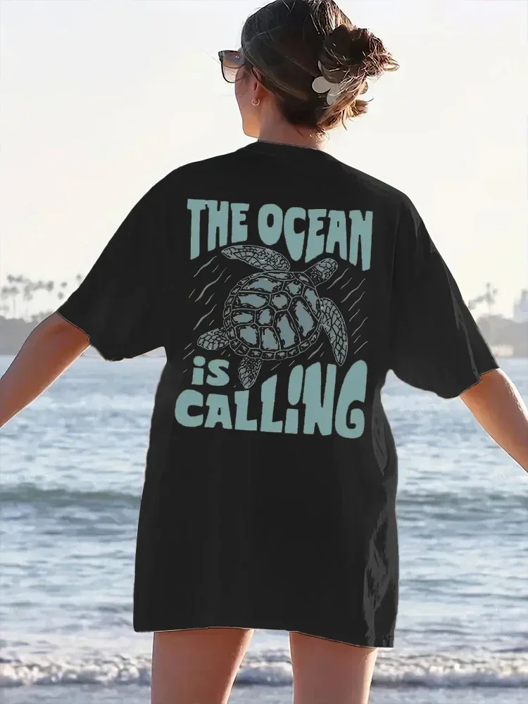 Camiseta con estampado de letras de tortuga para mujer, Топ неформальный de manga corta con cuello redondo
Camiseta con estampado de letras de tortuga para mujer, Топ неформальный de manga corta con cuello redondo