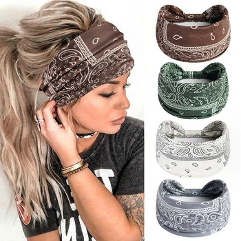 Boho Knot Turbans 요가 탄성 헤드 랩, 여성용 머리띠, 넓은 머리띠, 꽃 반다나, 패션 헤어밴드 액세서리