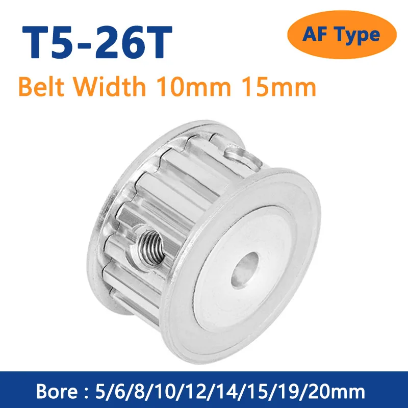 1pc 26 Teeth T5 Timing Pulley Bore 5 6 8 10 12 14 15 19 20mm for Width 10mm 15mm T5 Synchronous Belt 26T AF Type
1pc 26 Teeth T5 Timing Pulley Bore 5 6 8 10 12 14 15 19 20mm for Width 10mm 15mm T5 Synchronous Belt 26T AF Type