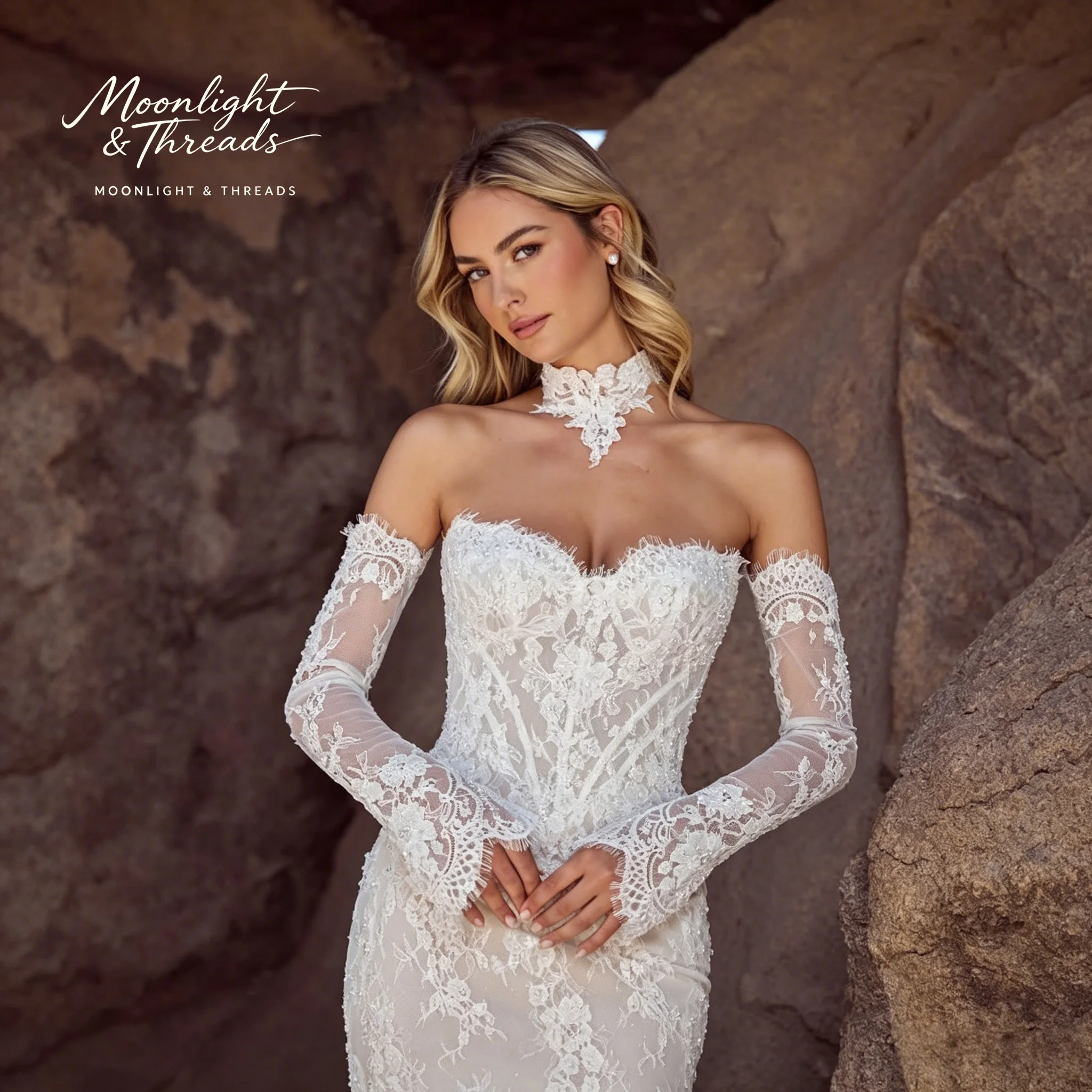 Ivory Lace Strapless Sleeveless Floor-Length Formal Wedding Mermaid Dress with Open Back and Detachable Sleeves
Ivory Lace Strapless Sleeveless Floor-Length Formal Wedding Mermaid Dress with Open Back and Detachable Sleeves