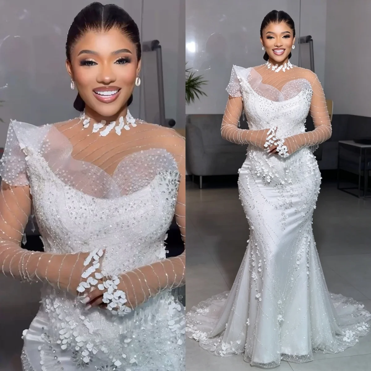 Custom 2026 High Neck Mermaid Wedding Dress Long Sleeve Beaded Satin Bridal Gown with 3D Floral Appliques Vestido De Novia
Custom 2026 High Neck Mermaid Wedding Dress Long Sleeve Beaded Satin Bridal Gown with 3D Floral Appliques Vestido De Novia