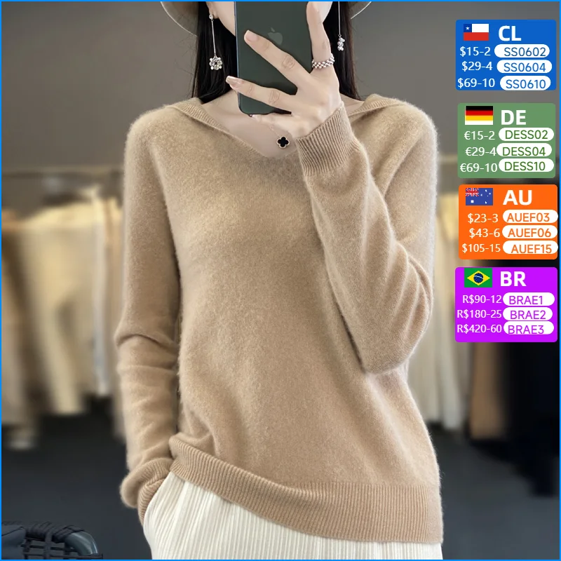 100% Wool Soft Seamless Sweater Women's Autumn Winter Long-sleeved Hooded Collar Pullover Solid Loose Thick Bottoming Warm Top
100% Wool Soft Seamless Sweater Women's Autumn Winter Long-sleeved Hooded Collar Pullover Solid Loose Thick Bottoming Warm Top