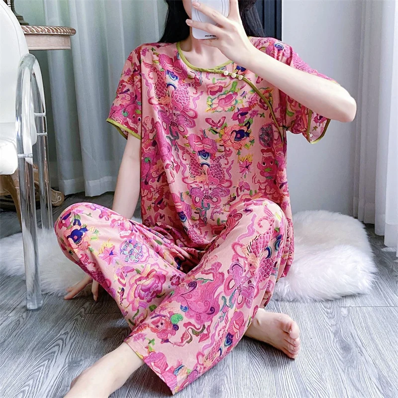 French Lady Round Neck Printed Loungewear Two-piece Set Women Fashion Short Sleeves Long Pants Summer Femme Floral Pajamas 2PCS
French Lady Round Neck Printed Loungewear Two-piece Set Women Fashion Short Sleeves Long Pants Summer Femme Floral Pajamas 2PCS