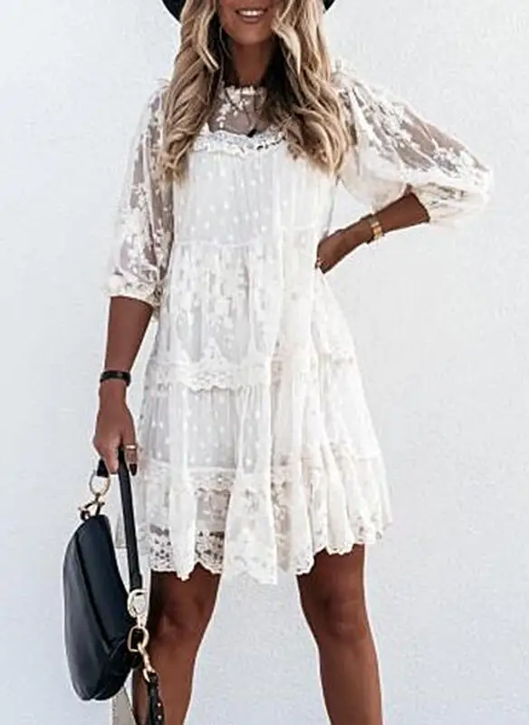 Women's Dress 2024 Spring/summer Latest European and American Spring/summer Solid Color Lace Panel Lace 3/4 Sleeve Short Skirt
Women's Dress 2024 Spring/summer Latest European and American Spring/summer Solid Color Lace Panel Lace 3/4 Sleeve Short Skirt