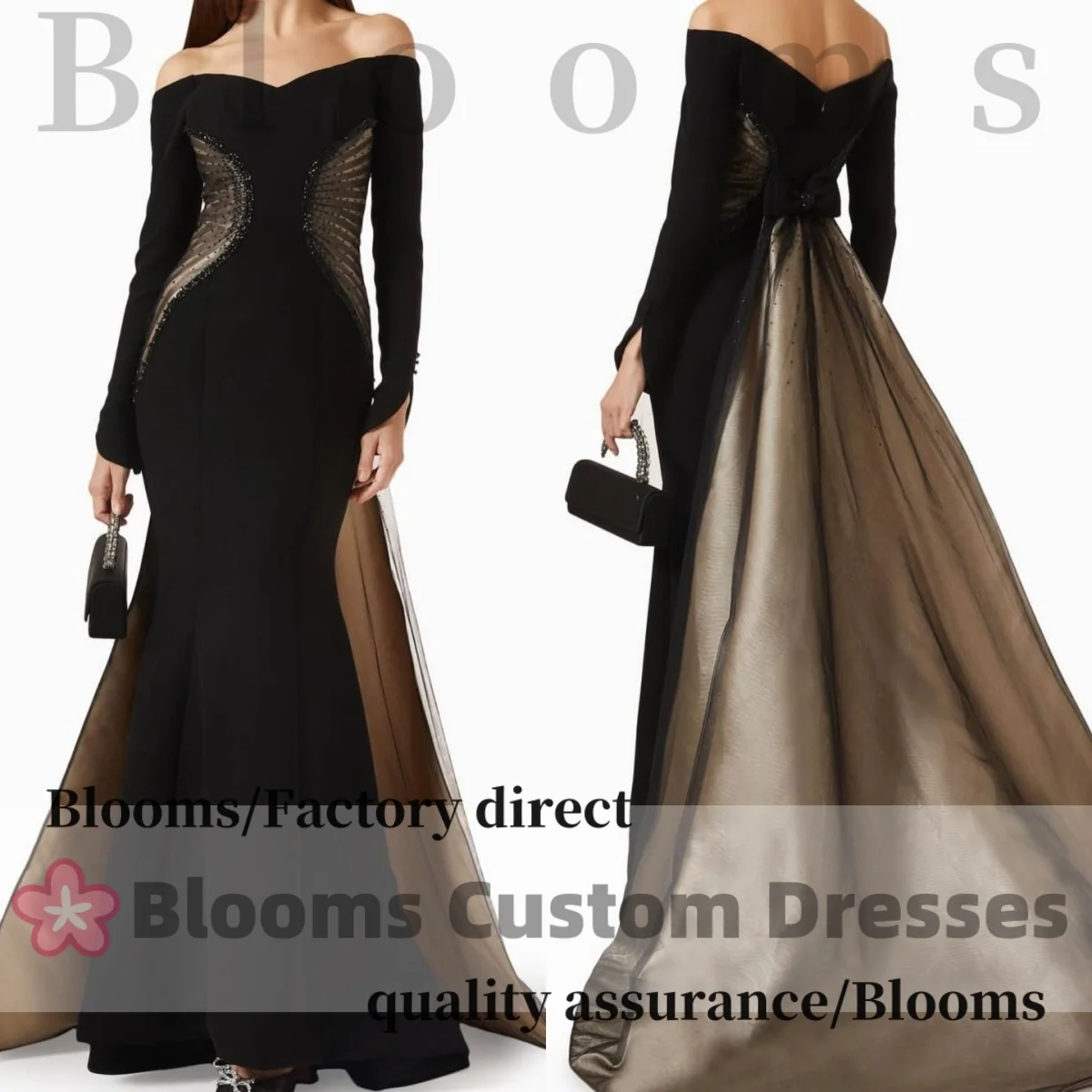 Customized Off Shoulder Long Sleeve Black Mermaid Evening Dress Beaded Panel Tulle Satin Train Elegant Formal Party Dress
Customized Off Shoulder Long Sleeve Black Mermaid Evening Dress Beaded Panel Tulle Satin Train Elegant Formal Party Dress