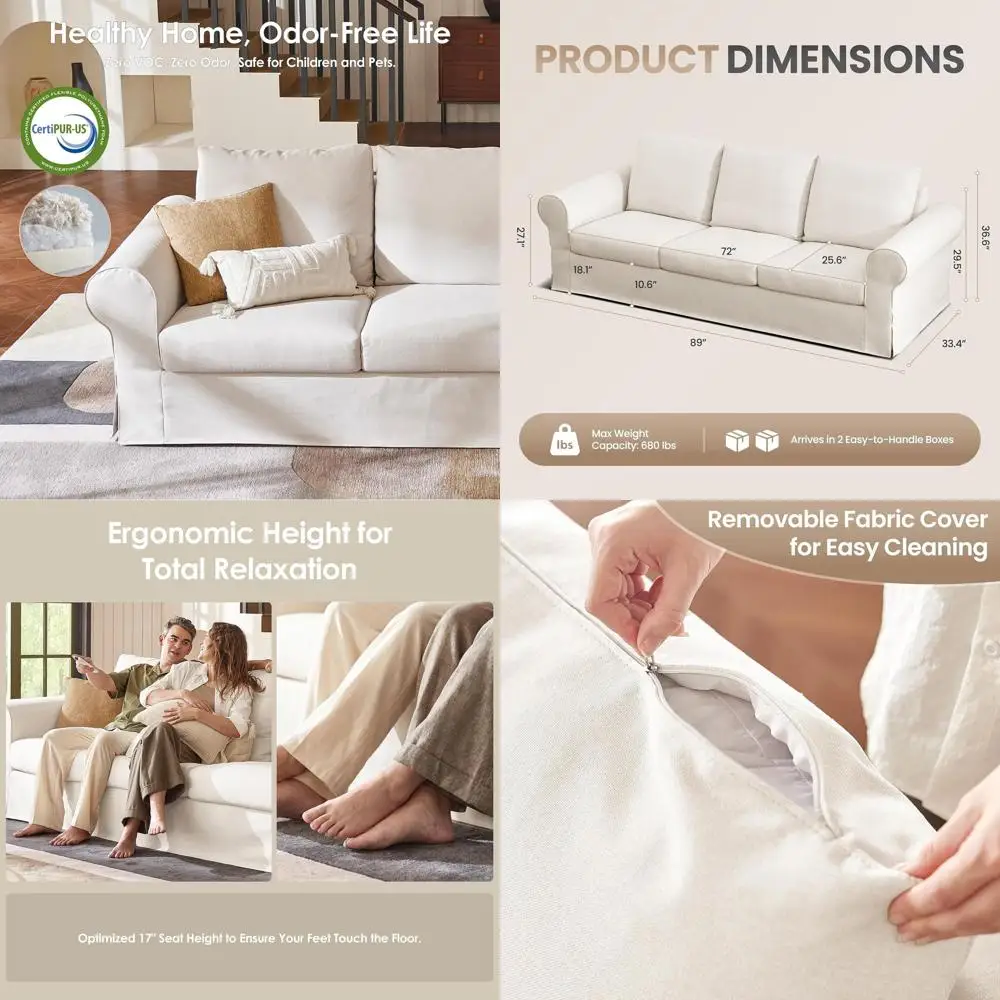 3-Seater Comfortable Slipcover Sofa with Rolled Arms, High Back, Removable Washable Covers, Cream White
3-Seater Comfortable Slipcover Sofa with Rolled Arms, High Back, Removable Washable Covers, Cream White