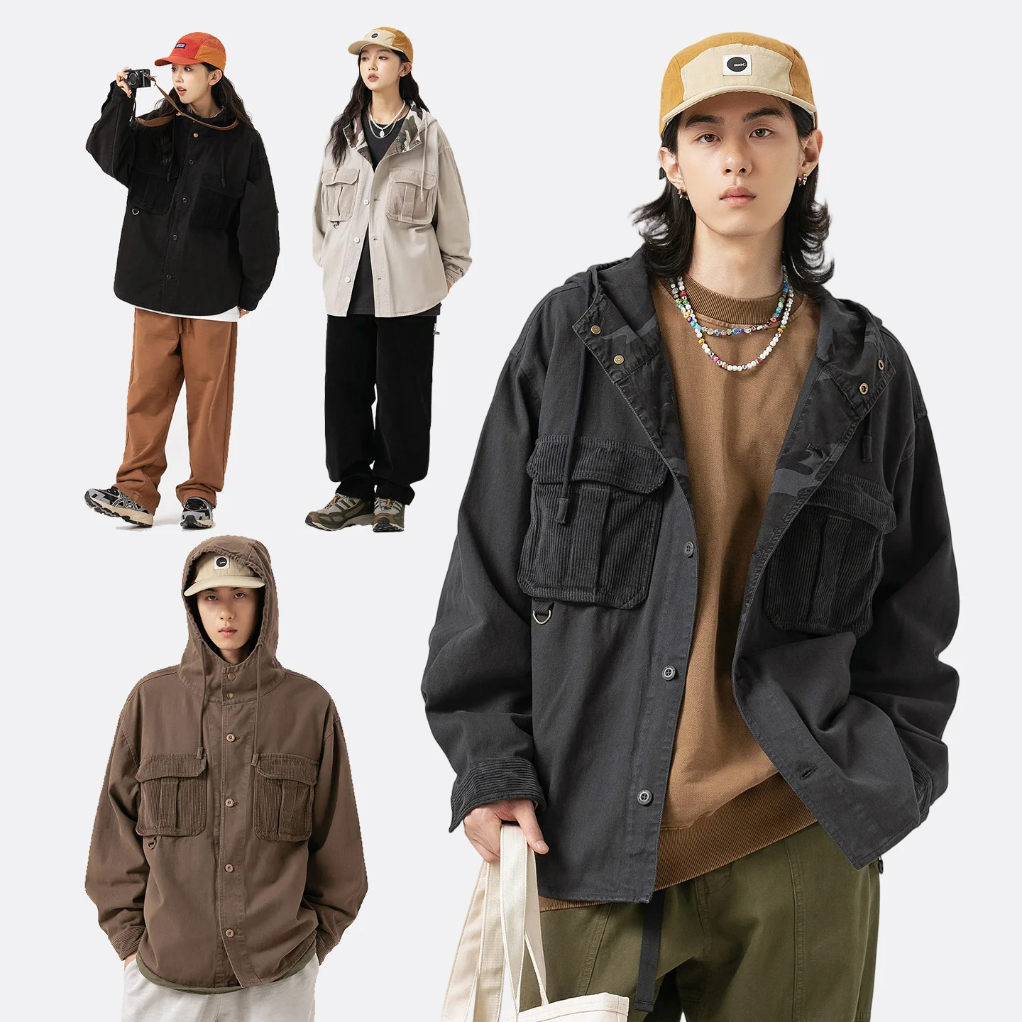 Corduroy Pocket Cargo Jacket Men Women Streetwear Loose Casual Long Sleeve Shirt Style Hooded Jacket Spring Autumn Coat
Corduroy Pocket Cargo Jacket Men Women Streetwear Loose Casual Long Sleeve Shirt Style Hooded Jacket Spring Autumn Coat
