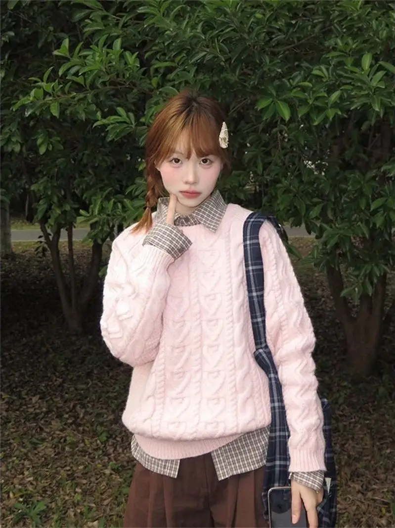 Korean Style Sweet Girl Pink Twist Knitted round Neck Sweater Women Inner Collar Shirt Two Piece Set Casual Winter Fashion
Korean Style Sweet Girl Pink Twist Knitted round Neck Sweater Women Inner Collar Shirt Two Piece Set Casual Winter Fashion