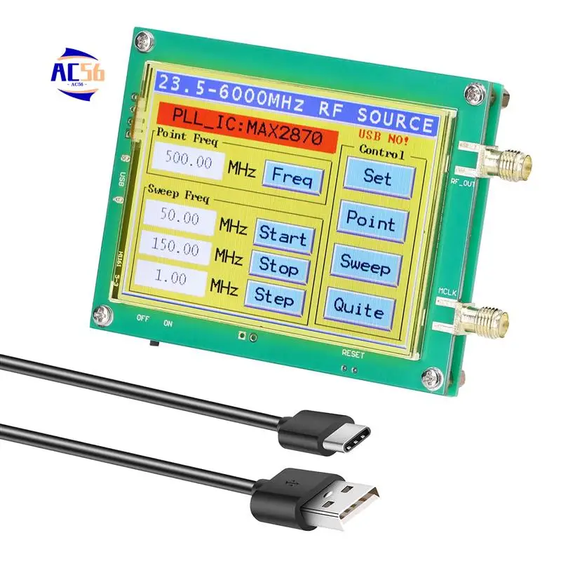 AC56-MAX2870 23.5-6000Mhz 0.5PPM Low Noise Signal Generator Touchable Screen PC Software Control PLL VCO
AC56-MAX2870 23.5-6000Mhz 0.5PPM Low Noise Signal Generator Touchable Screen PC Software Control PLL VCO